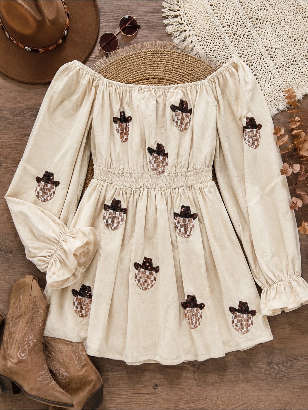 Fantastic Fawn Cream Off-Shoulder Dress with Cowboy Hat Patches